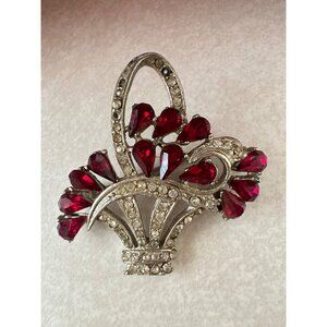 Wiesner vintage silver tone clear red Austrian crystals rare basket brooch pin